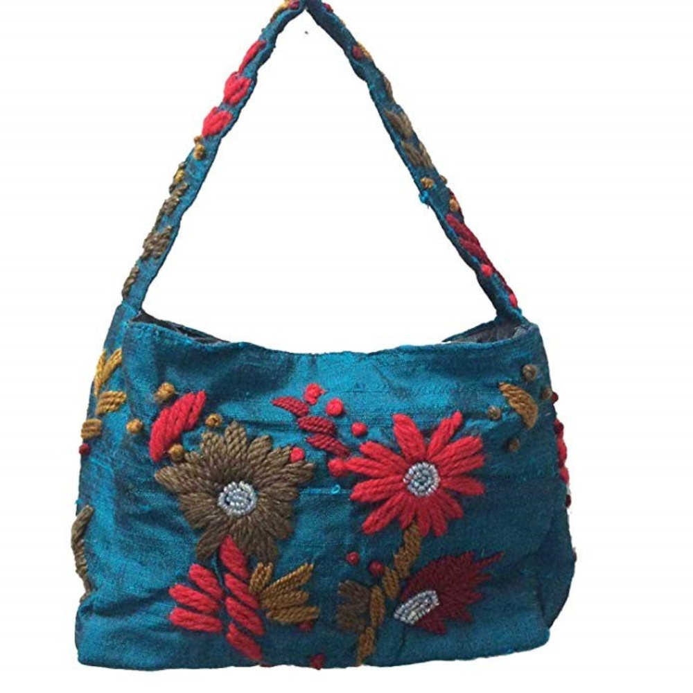 Alexa Crawford Blue Silk Bag Embroidered Flowers